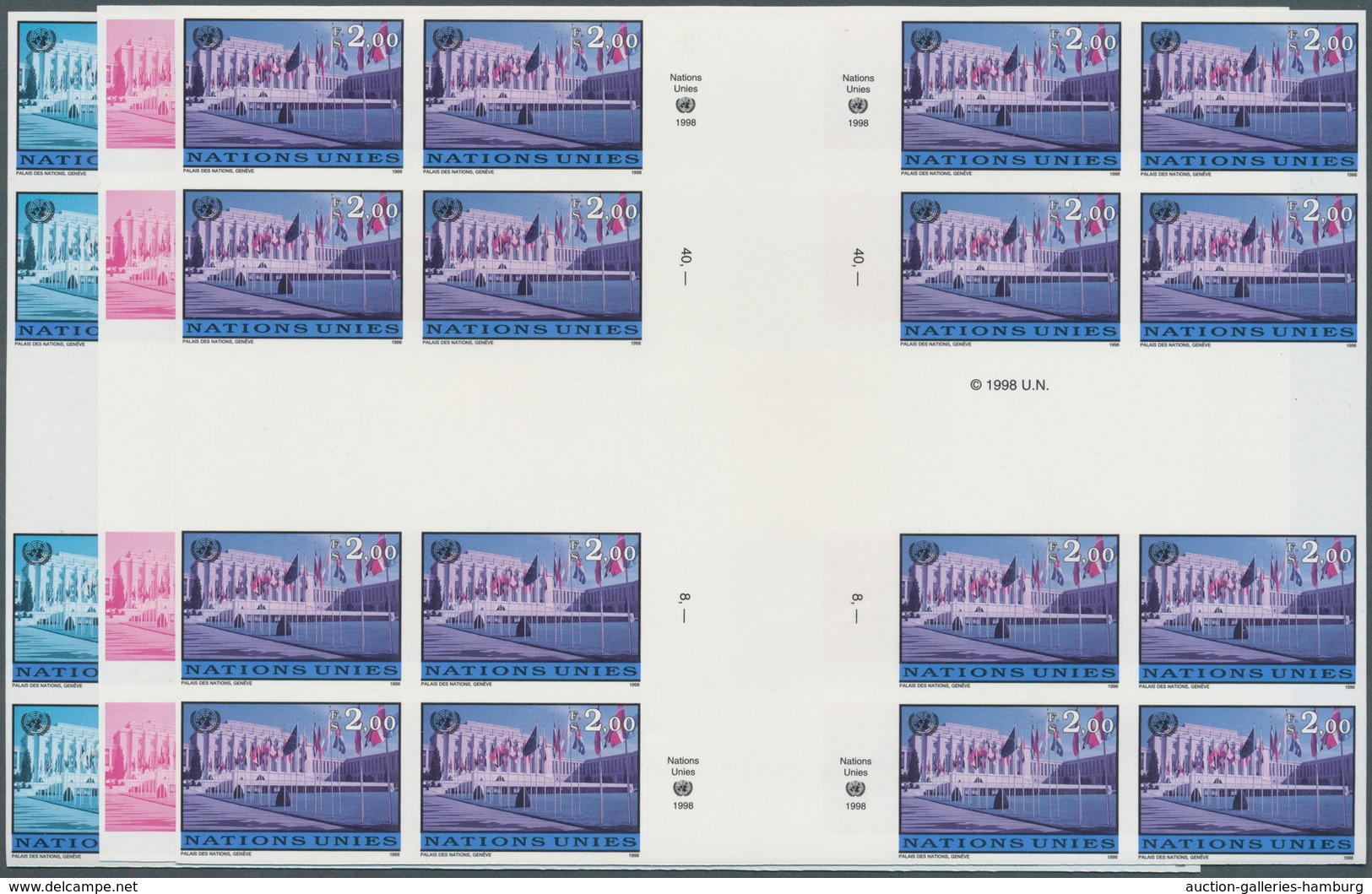 Vereinte Nationen - Genf: 1998. Imperforate Progressive Proof (10 Phases) In Cross Gutter Blocks Of - Unused Stamps
