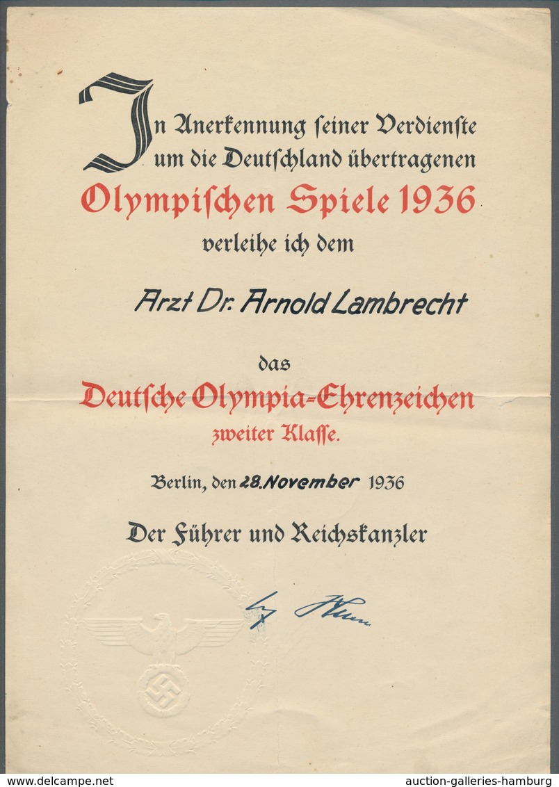 Autographen: HITLER, Adolf 1936, Originalunterschrift Auf Verleihungsurkunde Für Das "Deutsche-Olymp - Sonstige & Ohne Zuordnung