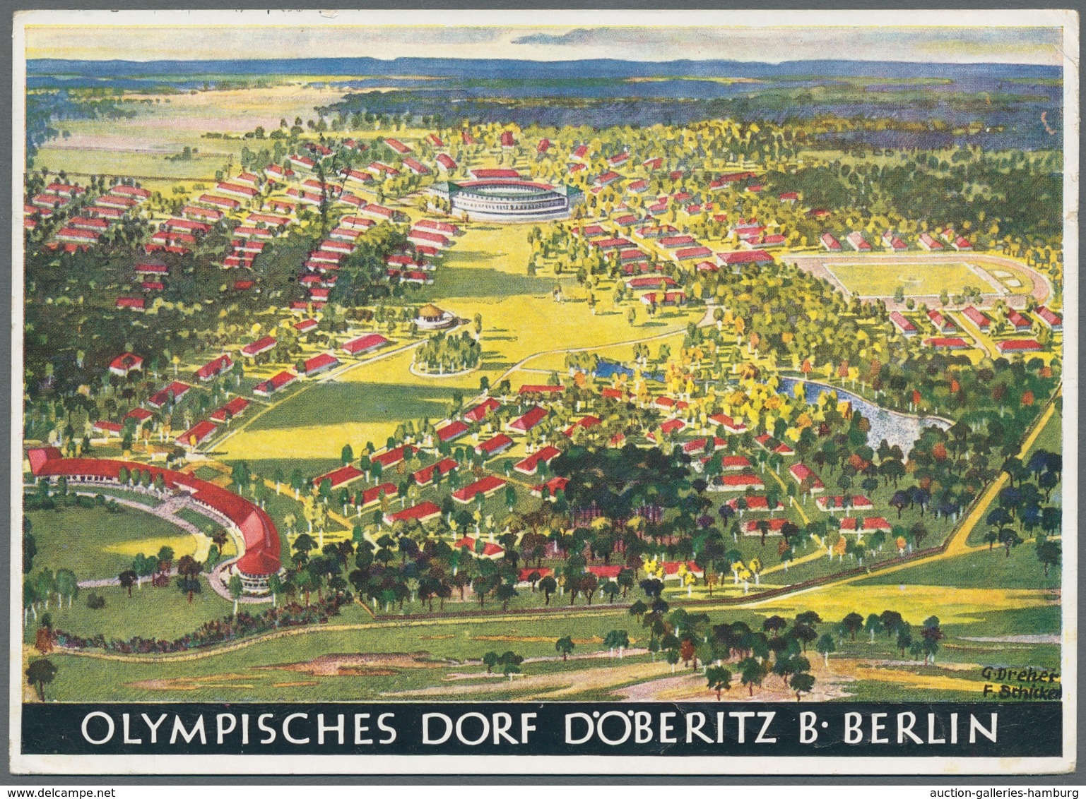 Thematik: Olympische Spiele / olympic games: 1936, "OLYMPISCHES DORF", Partie von fünf Ansichtskarte