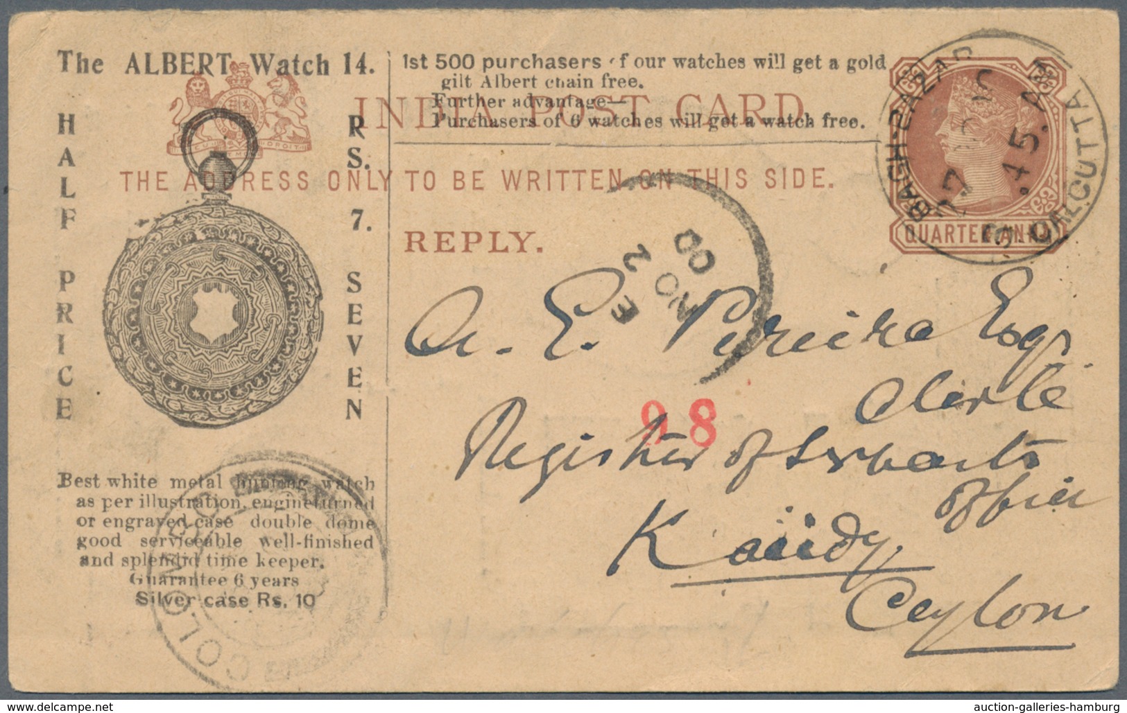 Thematik: Uhren / Clocks: 1900, Stationery Card India "BAGH-BAZAAR CALCUTTA NO 2 00" To Ceylon,with - Relojería