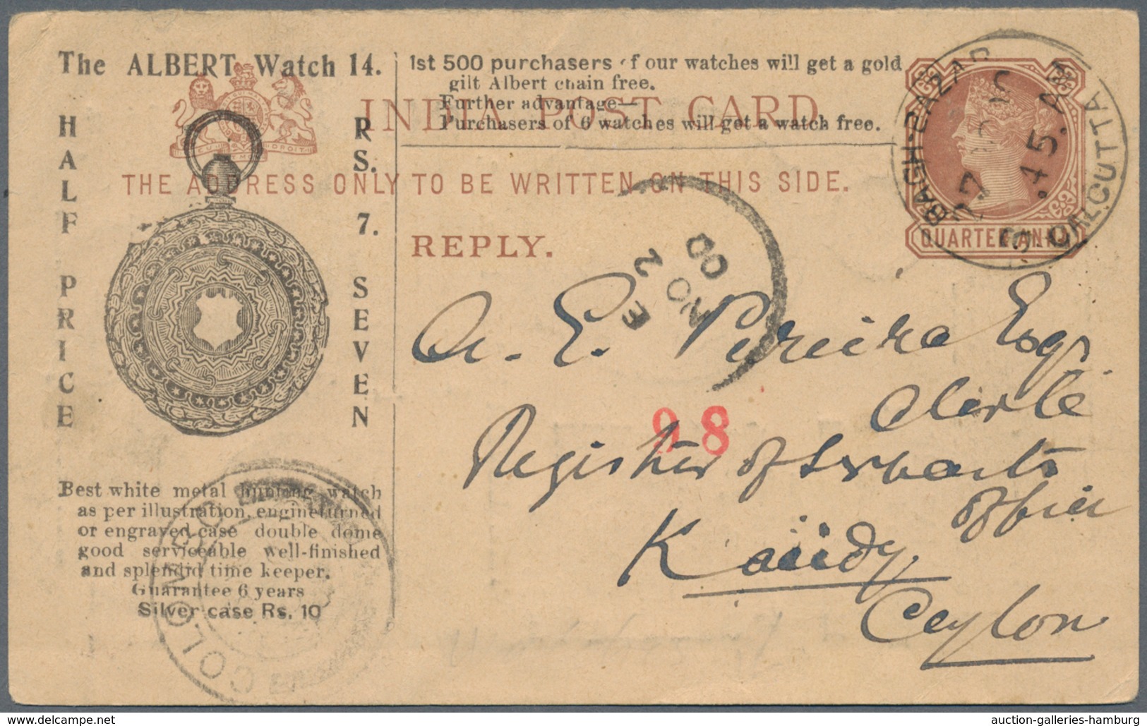 Thematik: Uhren / Clocks: 1900, Stationery Card India "BAGH-BAZAAR CALCUTTA NO 2 00" To Ceylon,with - Uhrmacherei