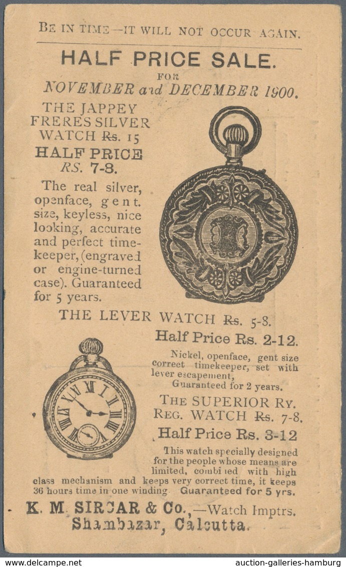 Thematik: Uhren / Clocks: 1900, Stationery Card India "BAGH-BAZAAR CALCUTTA NO 2 00" To Ceylon,with - Relojería