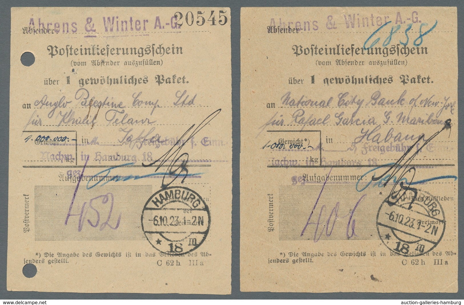 Flugpost Übersee: 1923, Partie Von Zehn Verschiedenen Posteinlieferungsscheinen Der Hochinflationsze - Otros & Sin Clasificación