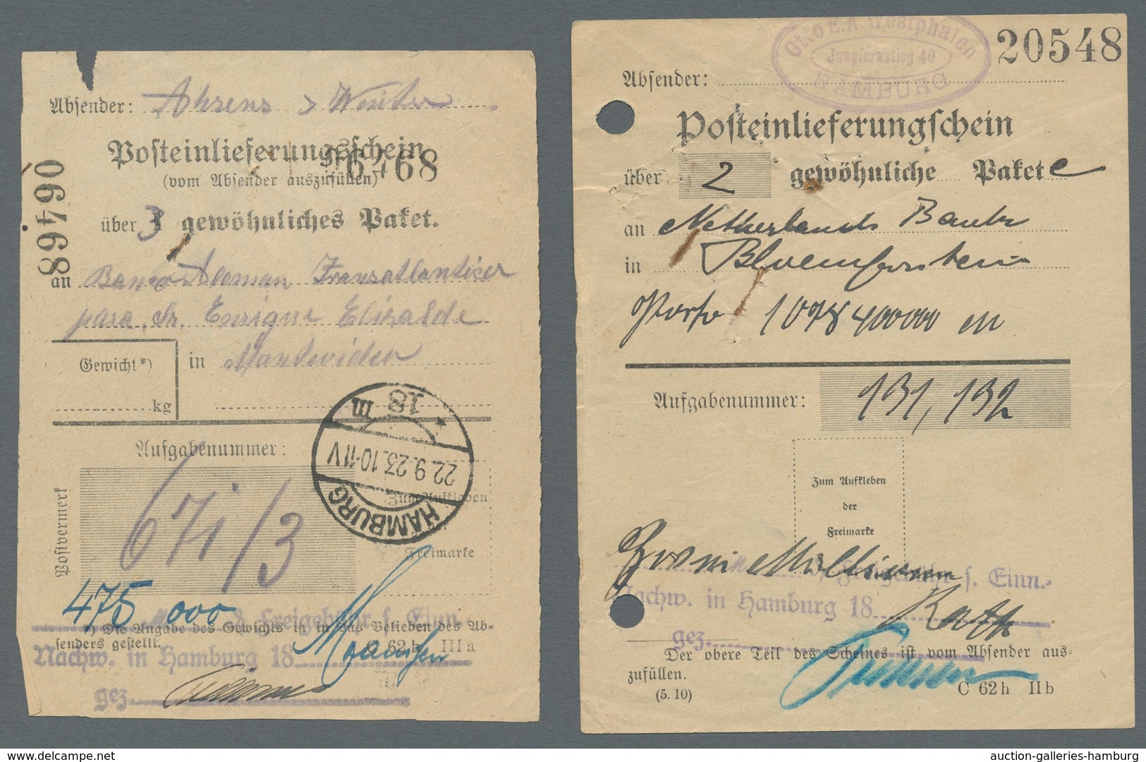 Flugpost Übersee: 1923, Partie Von Zehn Verschiedenen Posteinlieferungsscheinen Der Hochinflationsze - Andere & Zonder Classificatie