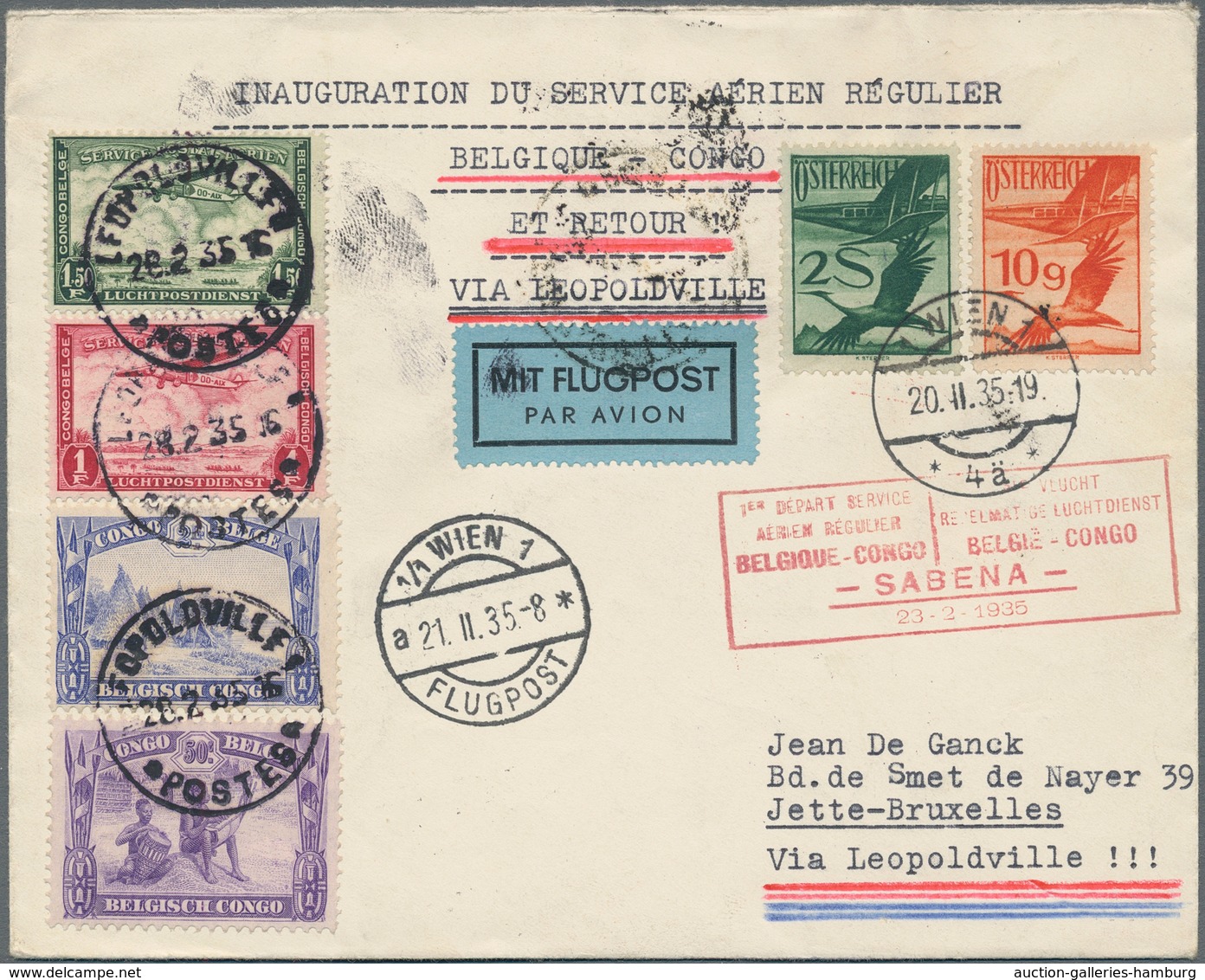 Flugpost Übersee: 1935, SABENA First Flight Brussels-Leopoldville-Brussels, Combination Franking Aus - Otros & Sin Clasificación