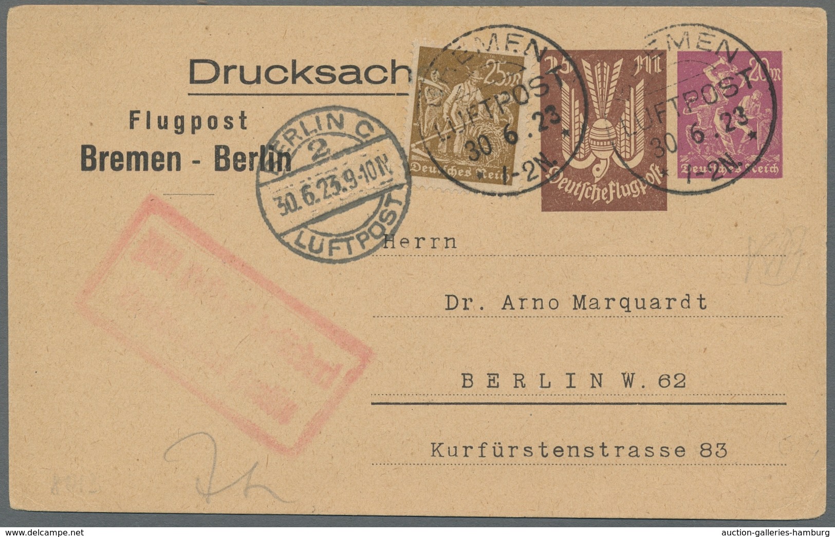 Flugpost Deutschland: 1923, Drei Flugpost-Privatganzsachenkarten Je Mit Wertstempel 25 Mark Holztaub - Correo Aéreo & Zeppelin