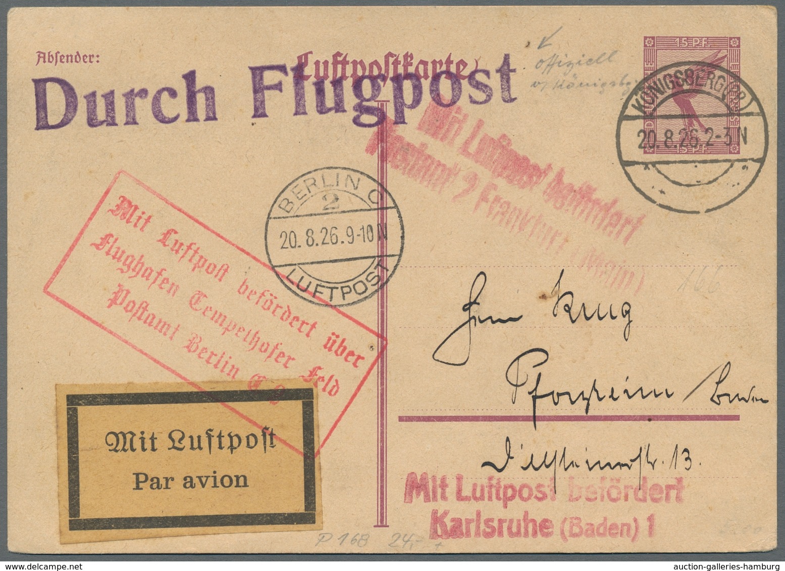 Flugpost Deutschland: 1926-1931, 15 Pfennig Auffliegender Adler-Ganzsache Mit Stempel "Königsberg (P - Luft- Und Zeppelinpost