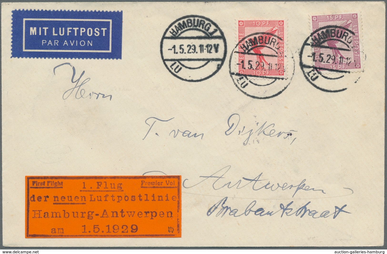 Flugpost Deutschland: 1929, Luftpostbrief Vom "1. Flug Der Neuen Luftpostlinie Hamburg-Antwerpen Am - Luft- Und Zeppelinpost