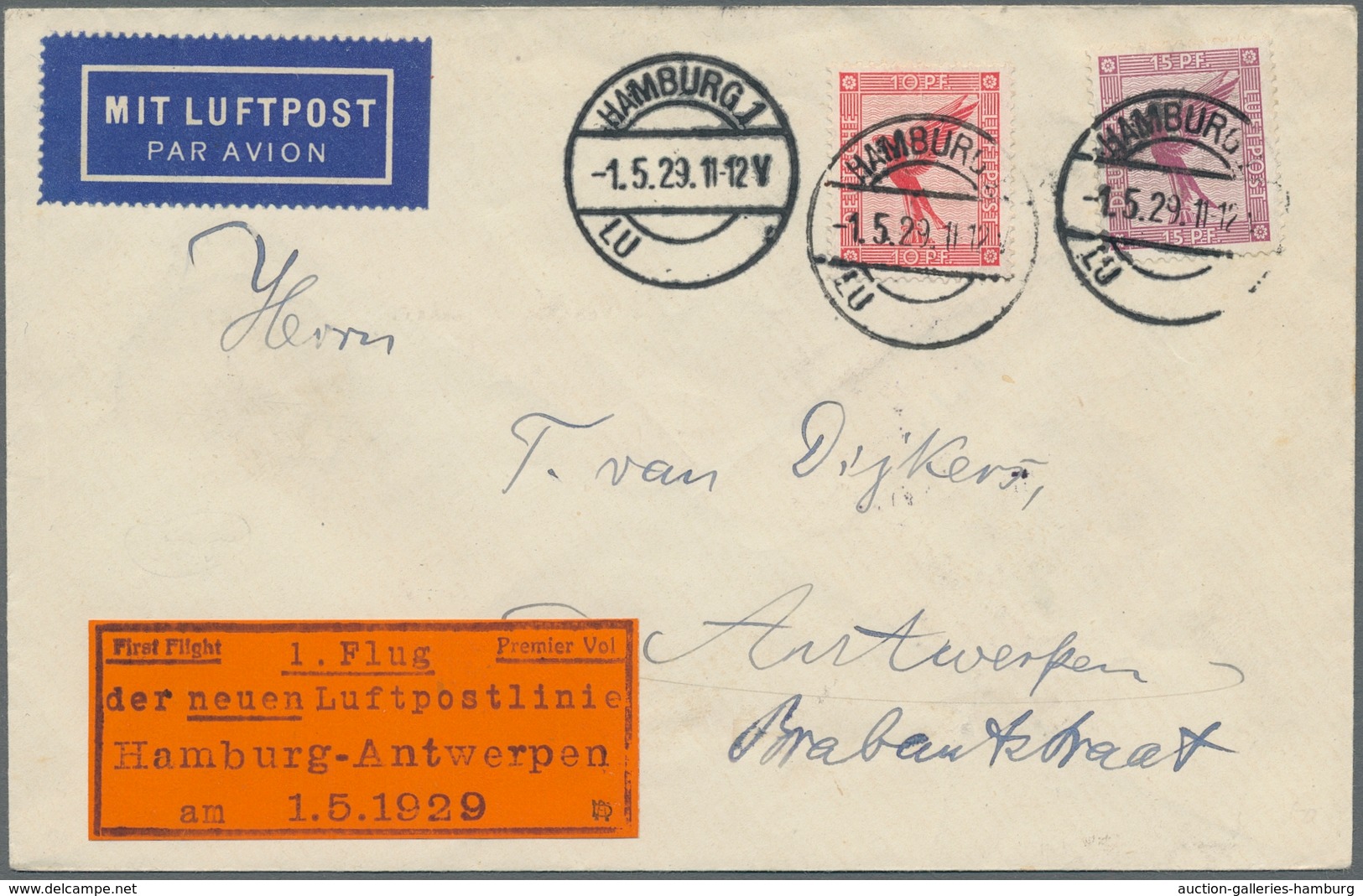 Flugpost Deutschland: 1929, Luftpostbrief Vom "1. Flug Der Neuen Luftpostlinie Hamburg-Antwerpen Am - Poste Aérienne & Zeppelin