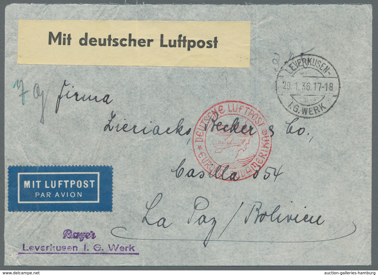 Flugpost Deutschland: 1936-1937, Zwei Interessante Firmen-Luftpostbriefe Gestempelt "LEVERKUSEN I.G. - Poste Aérienne & Zeppelin