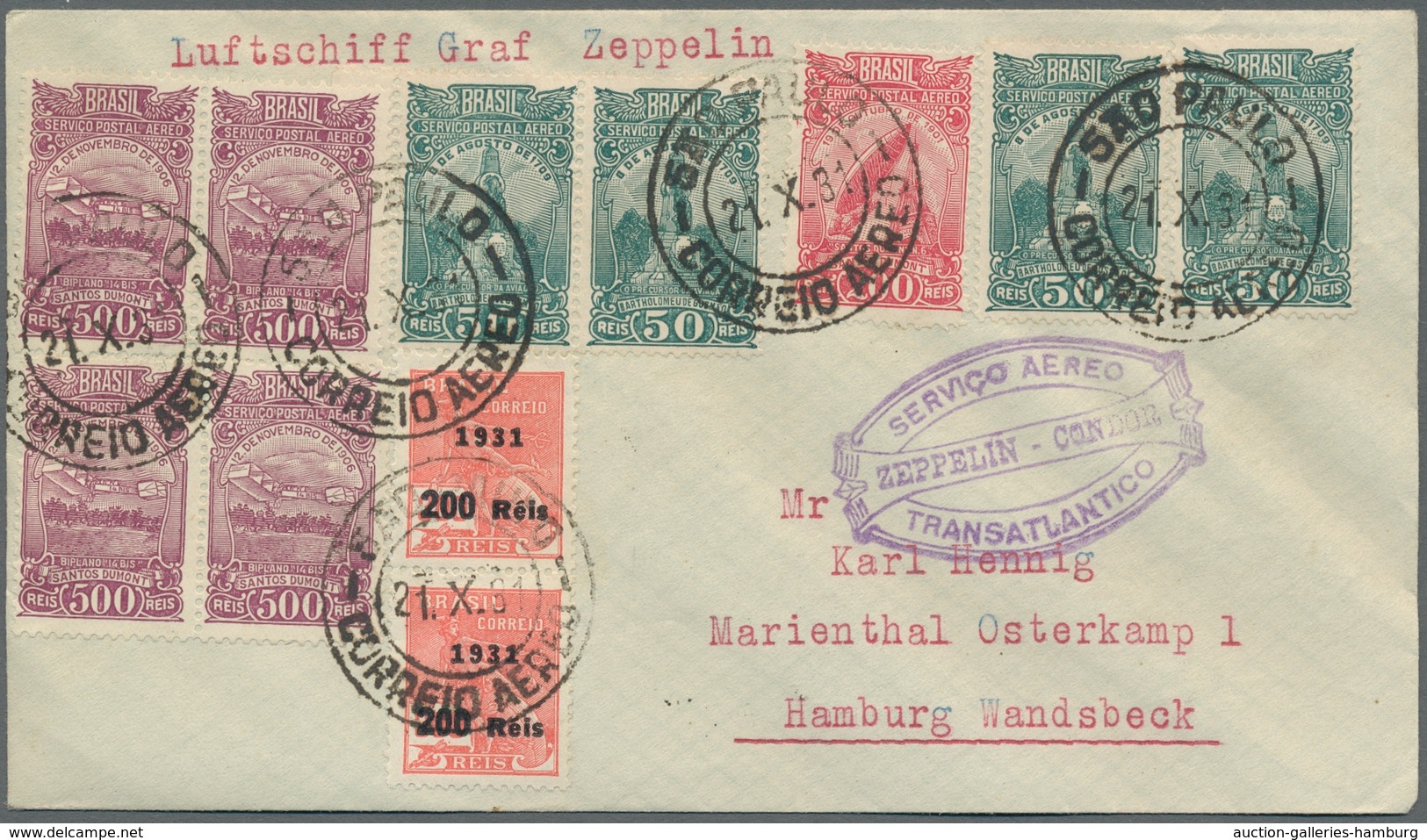 Zeppelinpost Übersee: 1931-1934, Partie Von 4 Zeppelinpostbriefen Mit Brasilianischer Frankatur, Dav - Zeppelines