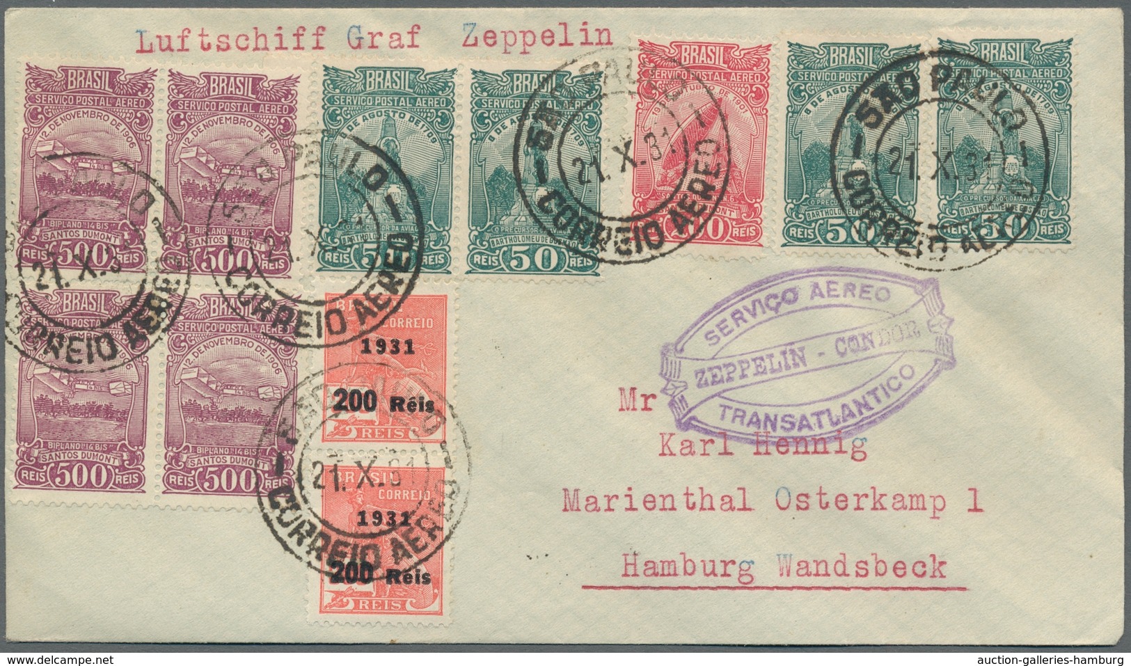 Zeppelinpost Übersee: 1931-1934, Partie Von 4 Zeppelinpostbriefen Mit Brasilianischer Frankatur, Dav - Zeppeline