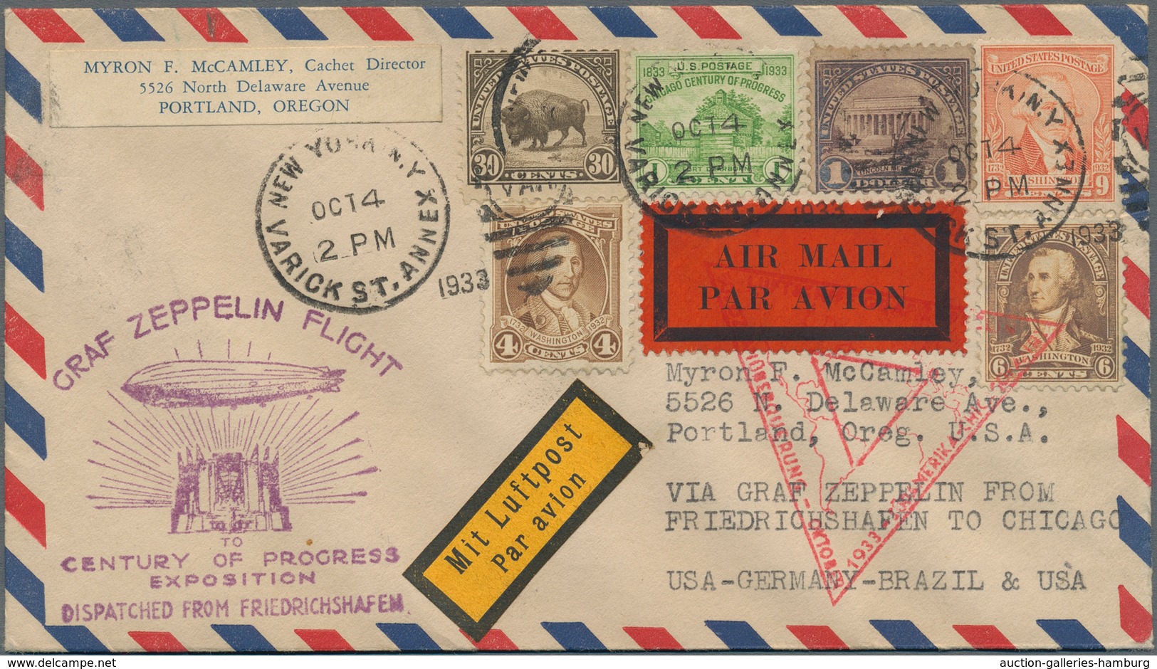 Zeppelinpost Übersee: 1933, Chicago Trip, U.S. Mail, Cover Bearing Attractive Franking (six Differen - Zeppelines
