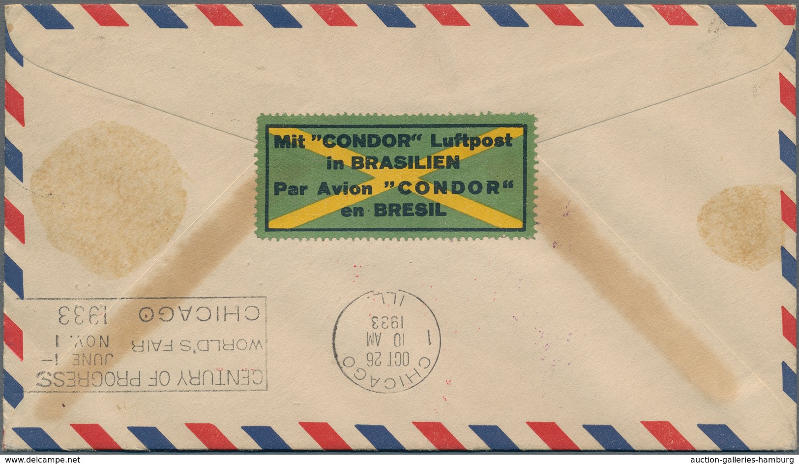 Zeppelinpost Übersee: 1933, Chicago Trip, U.S. Mail, Cover Bearing Attractive Franking (six Differen - Zeppelines