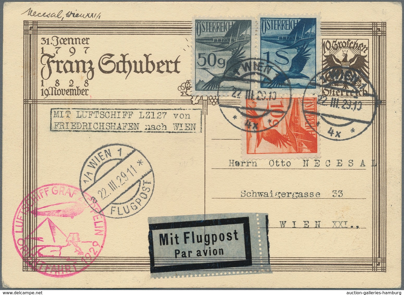 Zeppelinpost Europa: 1929, Orientfahrt, Österreichische Post, Schubert-Ganzsachenkarte Mit Zusatzfra - Otros - Europa