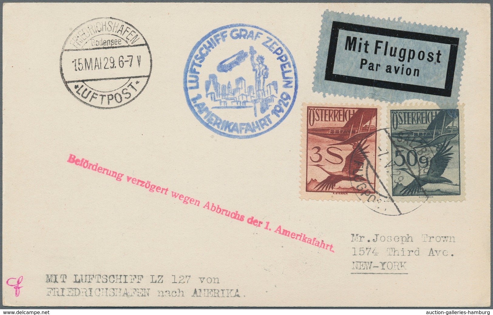 Zeppelinpost Europa: 1929, Versuchte Nordamerikafahrt, Österreichische Post, Karte Mit 3 Sch. Und 50 - Otros - Europa