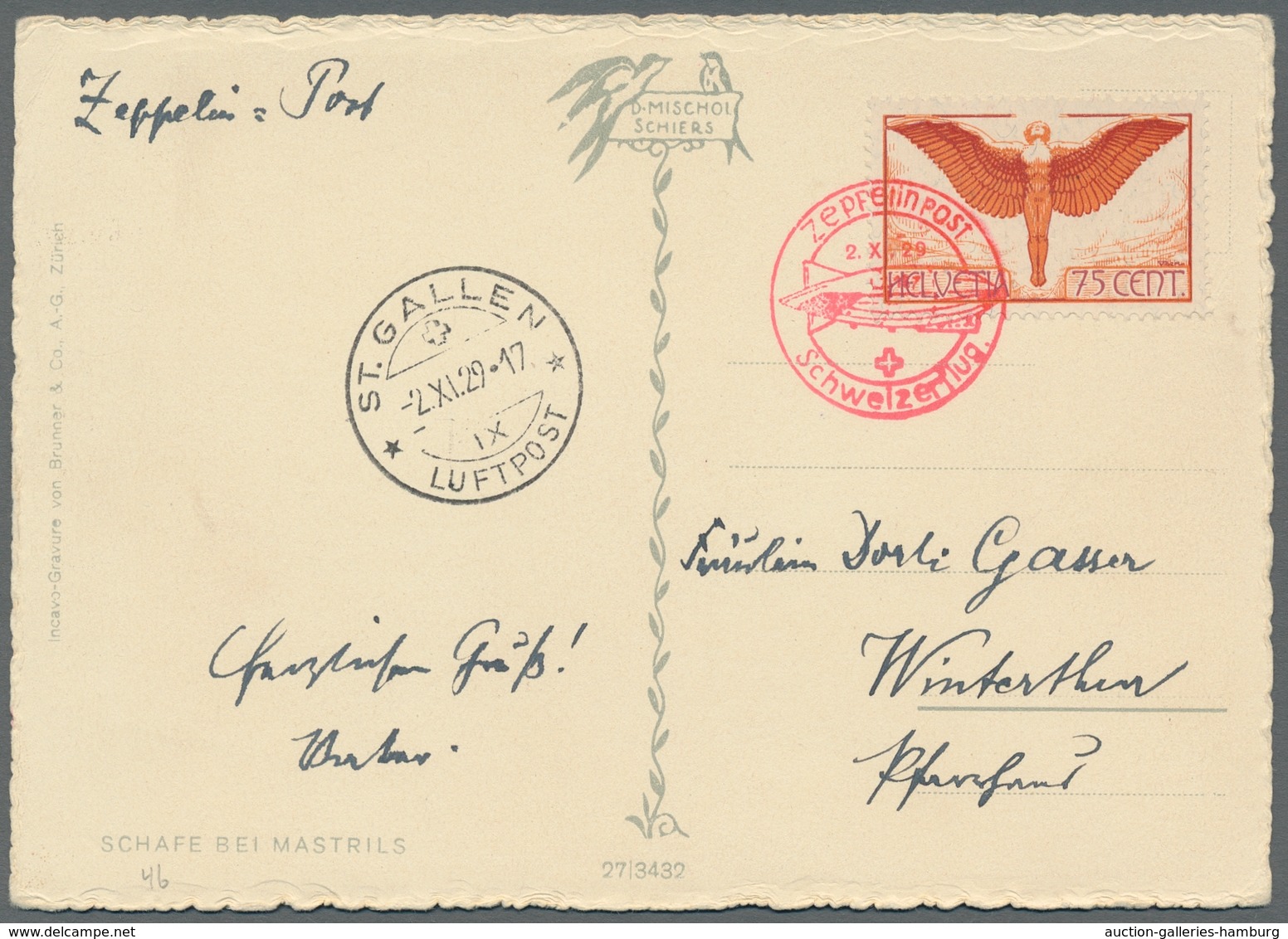 Zeppelinpost Europa: 1929, Schweizer Flugpostmarke 75 Cent. (Mi.Nr.190) Entwertet Mit Rotem Postsond - Otros - Europa