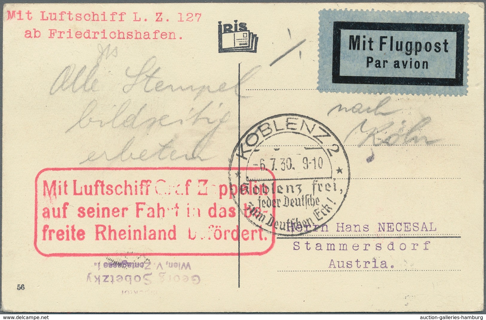 Zeppelinpost Europa: 1930, Rheinlandfahrt, Österreichische Post, Bildseitig Frankierte Ansichtskarte - Andere-Europa