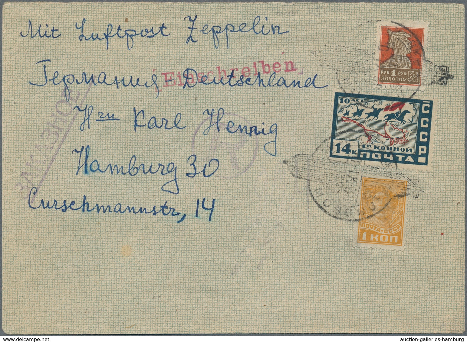 Zeppelinpost Europa: 1930, Trip To Russia, Registered Cover Bearing 1kop., 14 Kop. And 1rbl. Oblit. - Otros - Europa