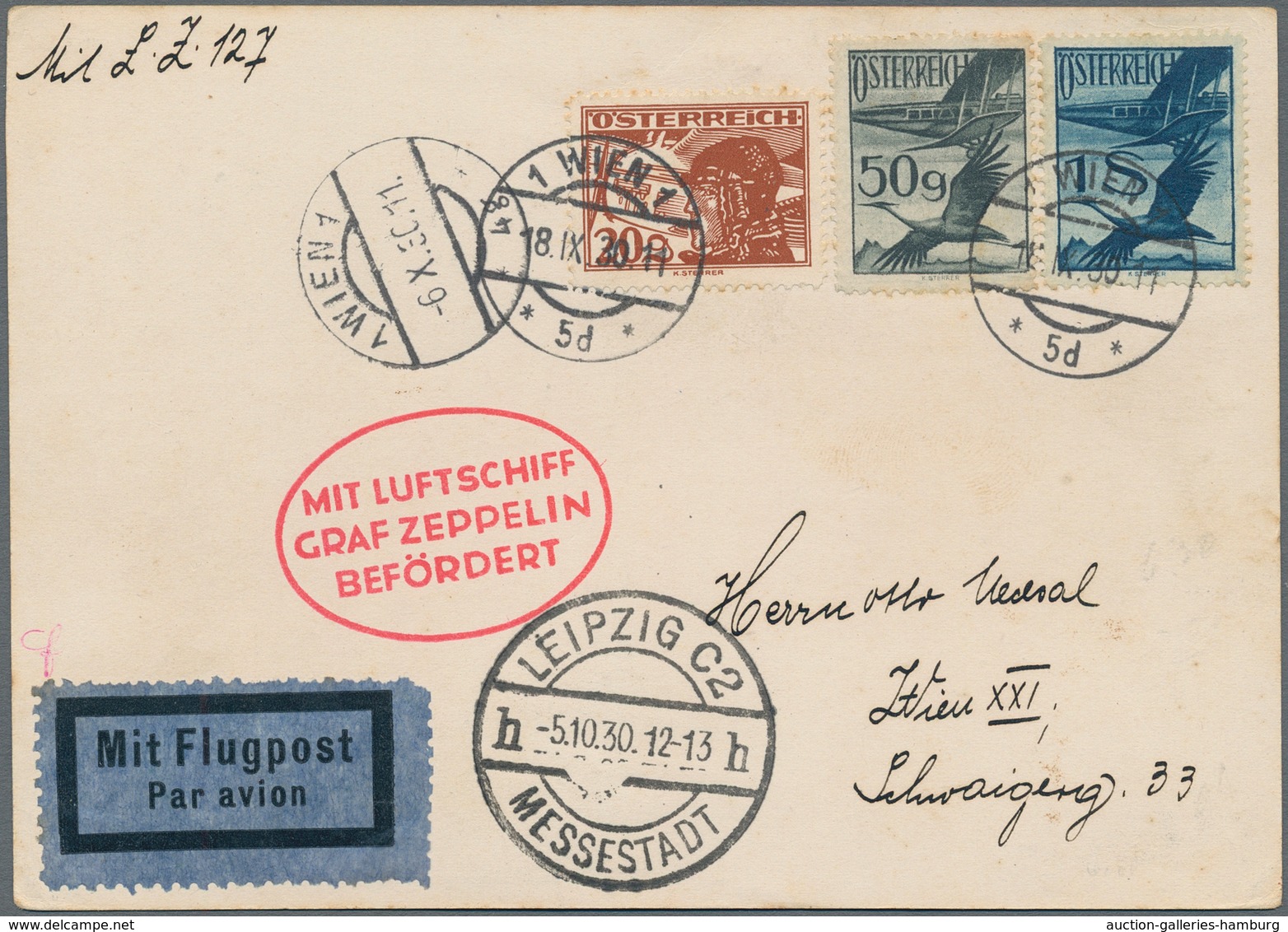 Zeppelinpost Europa: 1930, Fahrt Nach Leipzig, Österreichische Post, Karte Mit Flugpost-Frankatur Ab - Otros - Europa