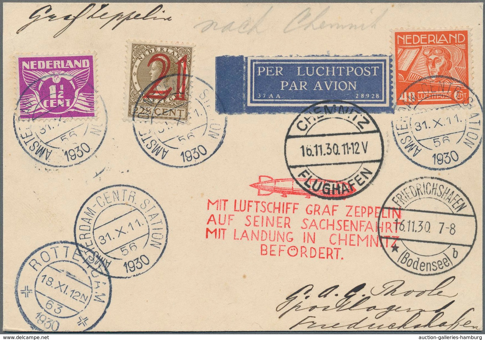 Zeppelinpost Europa: 1930, Landungsfahrt Nach Chemnitz, Niederländische Post, Bunt Frankierte Karte - Sonstige - Europa