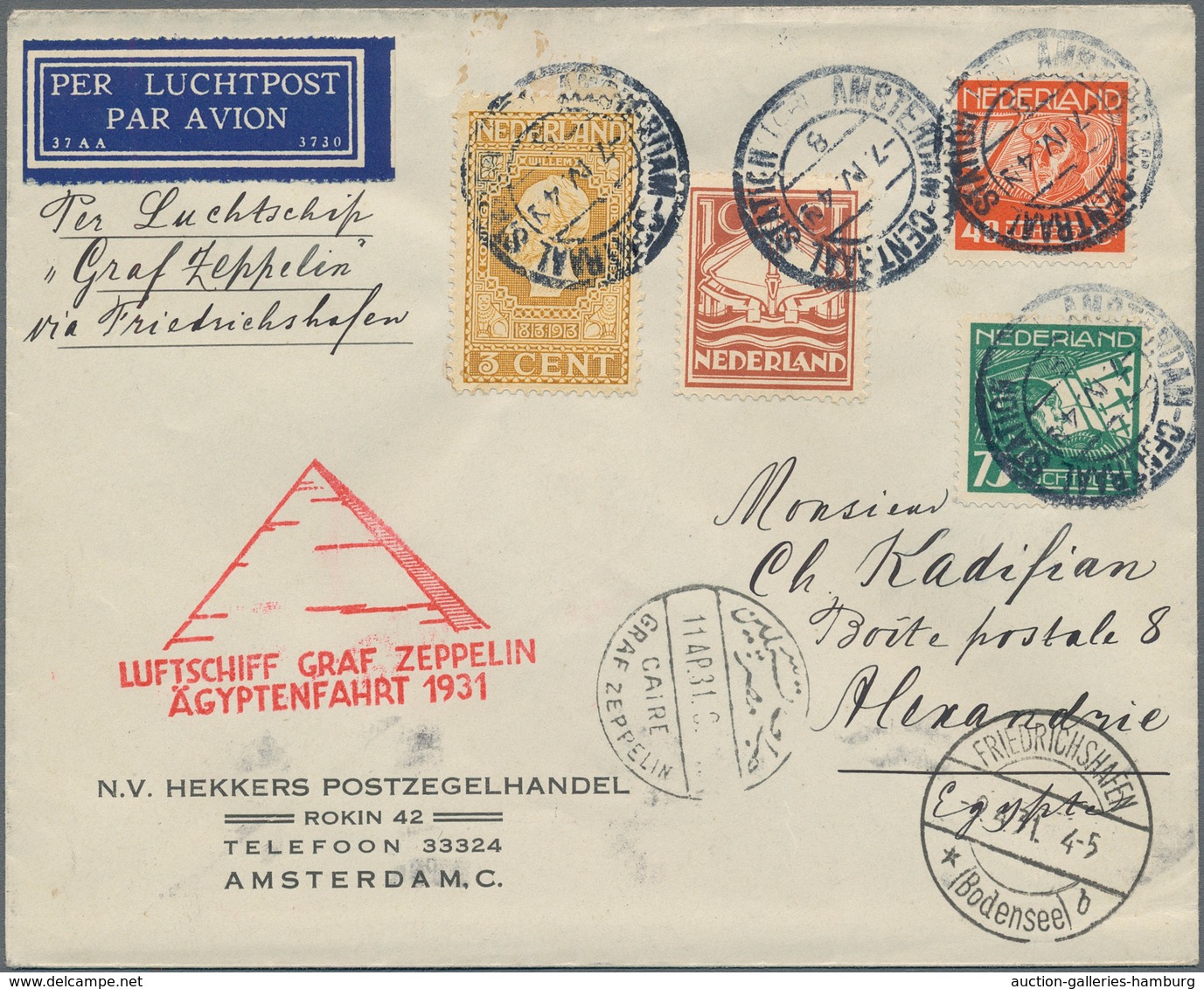 Zeppelinpost Europa: 1931, Trip To Egypt, Dutch Mail, Cover Bearing Attractive Franking From "AMSTER - Otros - Europa