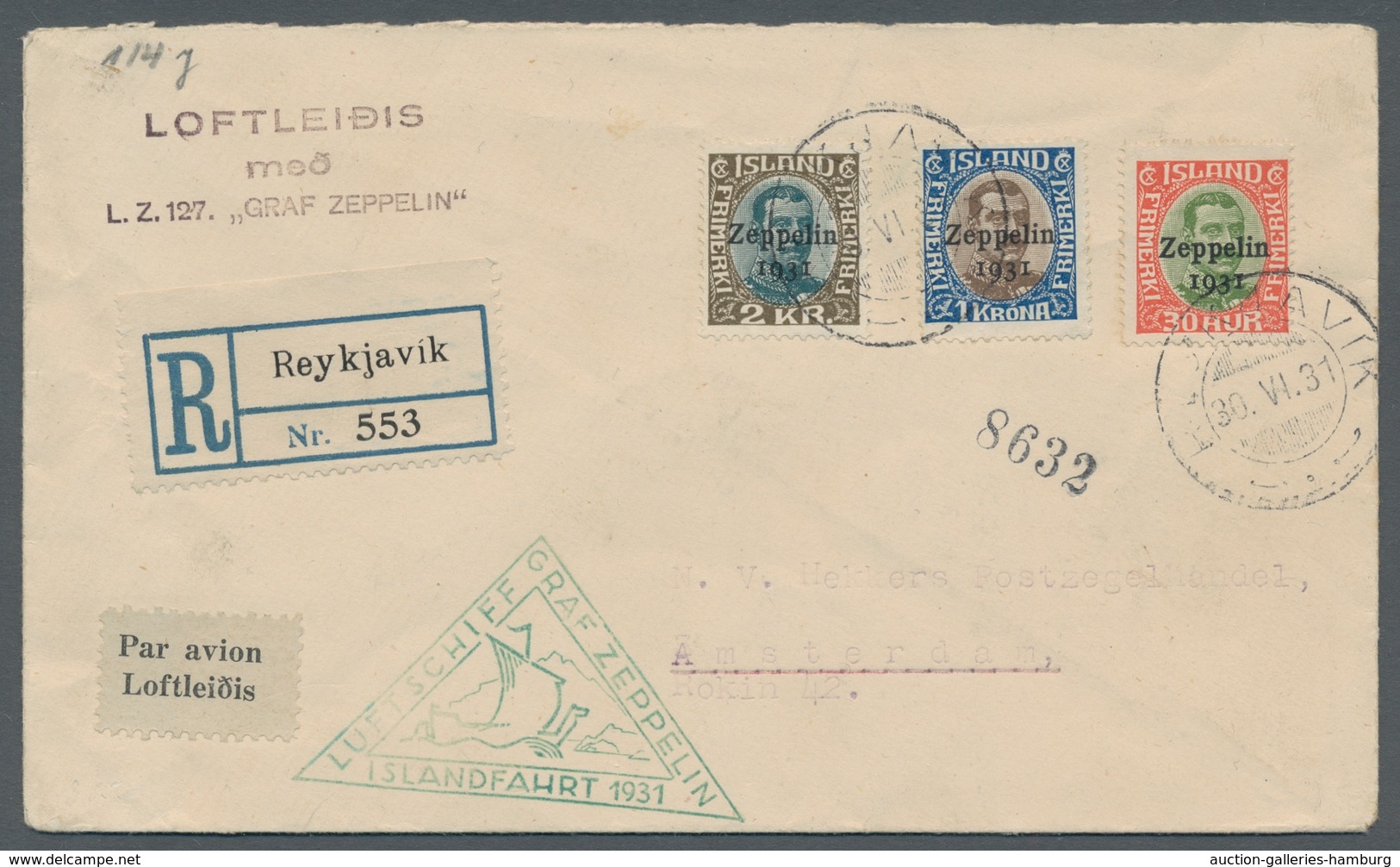Zeppelinpost Europa: 1931 - Islandfahrt, R-Brief Der Isländ. Post Mit Komplettem Satz (Mi. 147-49), - Altri - Europa