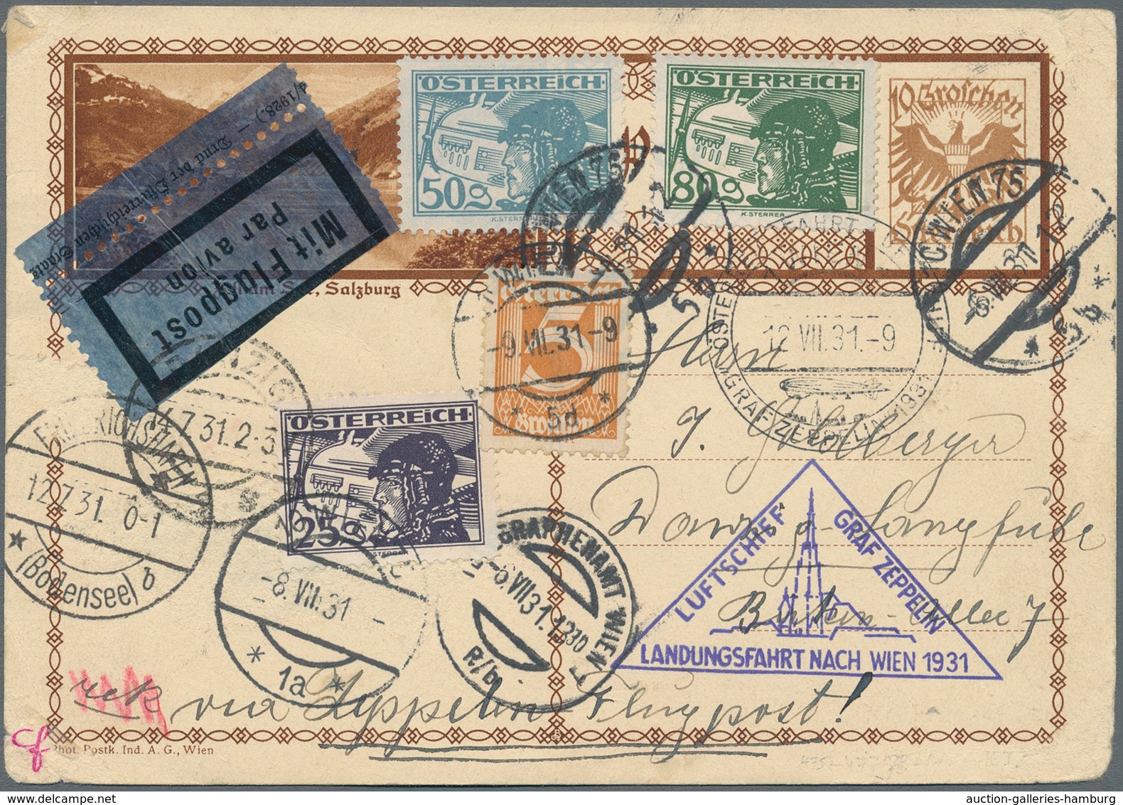 Zeppelinpost Europa: 1931, Östereichfahrt, Auffrankierte Ganzsachenkarte Ab "WIEN 6.VII.31" Adressie - Otros - Europa