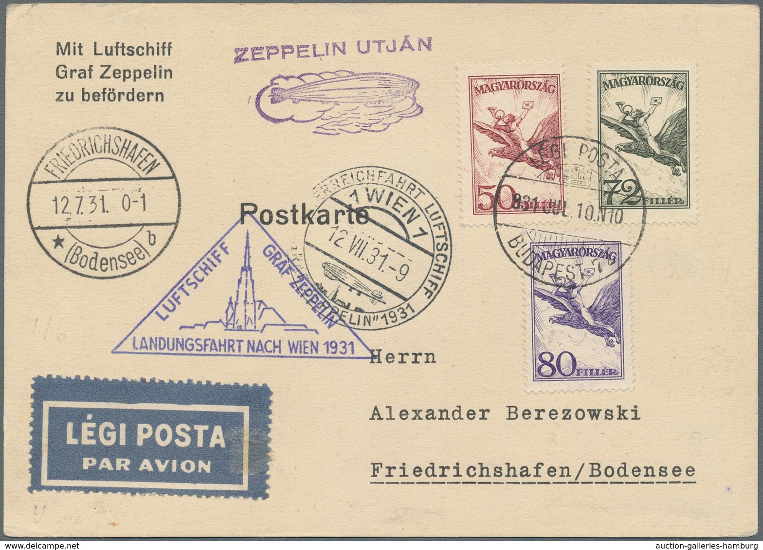 Zeppelinpost Europa: 1931, Trip To Austria, Hungarian Mail, Card Bearing Attractive Airmail Franking - Autres - Europe