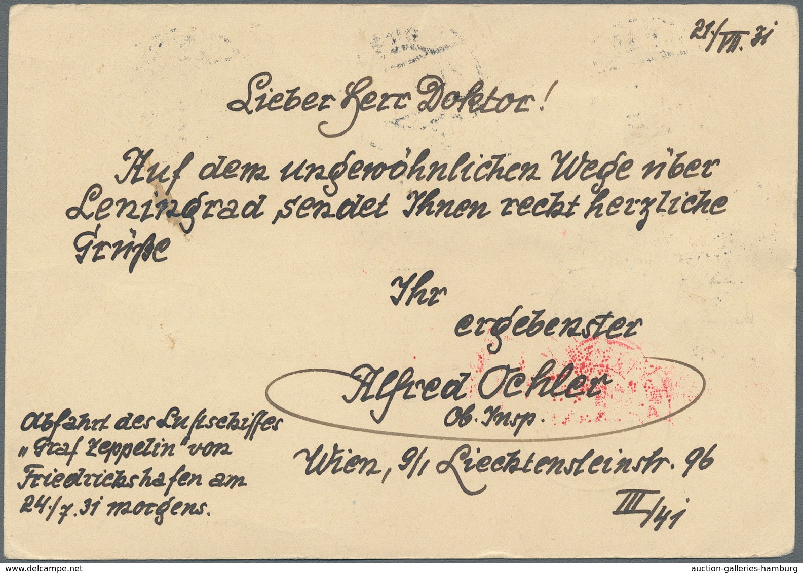 Zeppelinpost Europa: 1931, Polarfahrt, Österreichische Post, Auffrankierte Ganzsachenkarte Ab "WIEN - Sonstige - Europa