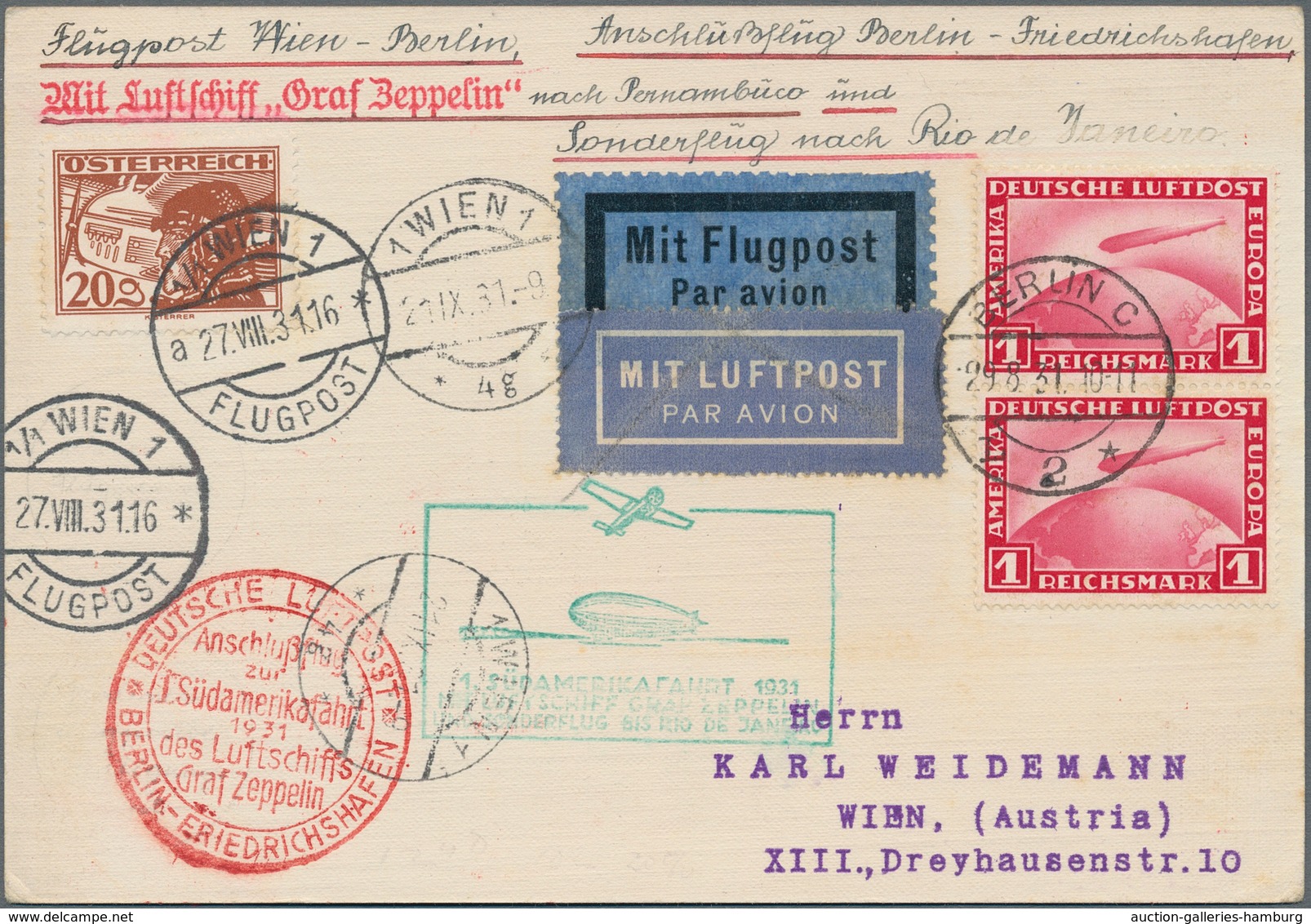 Zeppelinpost Europa: 1931, 1.Südamerikafahrt, Österreichische Post Mit Doppelfrankatur Österreich-Dt - Otros - Europa