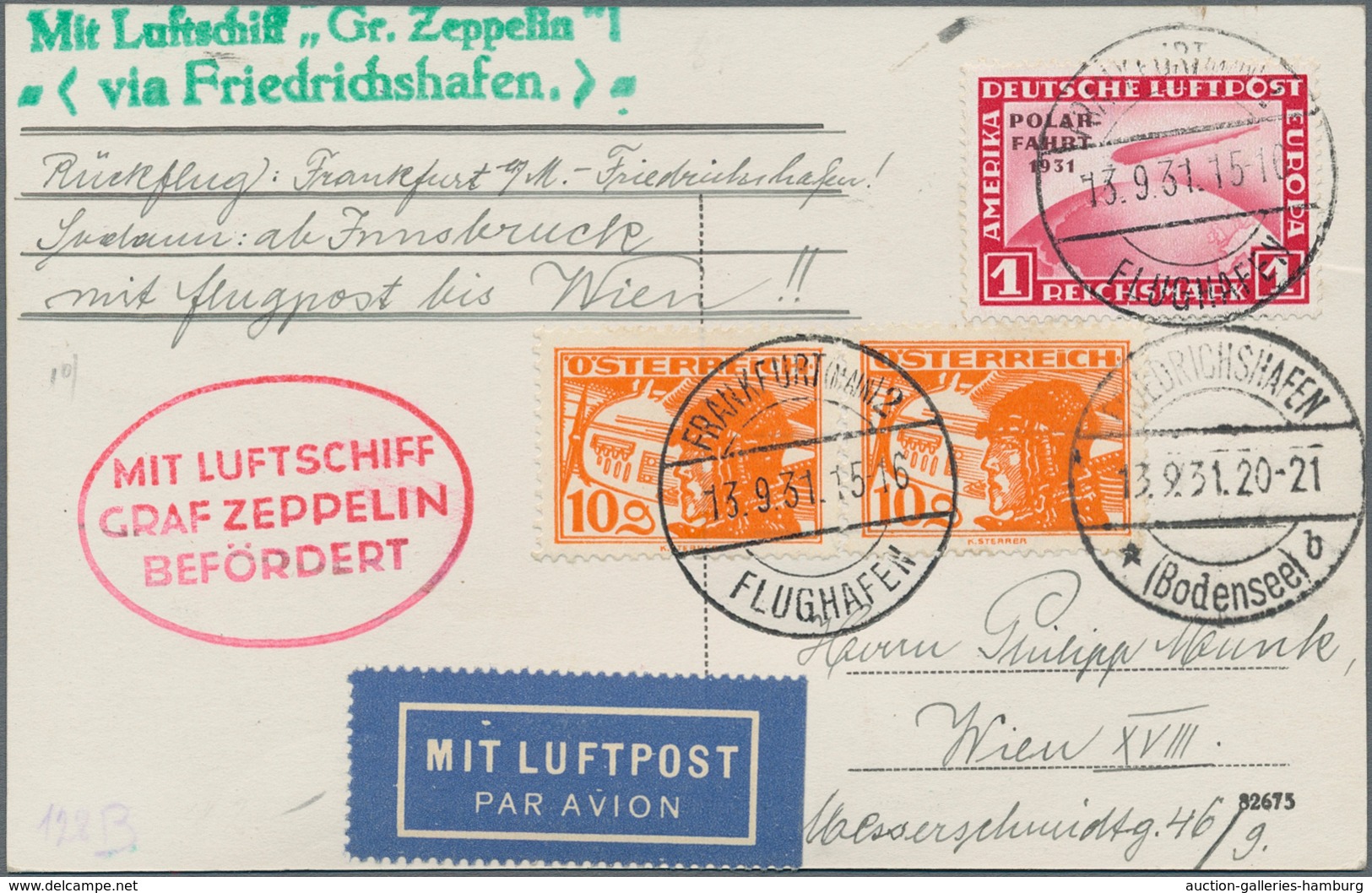 Zeppelinpost Europa: 1931, Rückfahrt Frankfurt-Friedrichshafen, Zeppelin-Ansichtskarte Nach Wien Mit - Sonstige - Europa