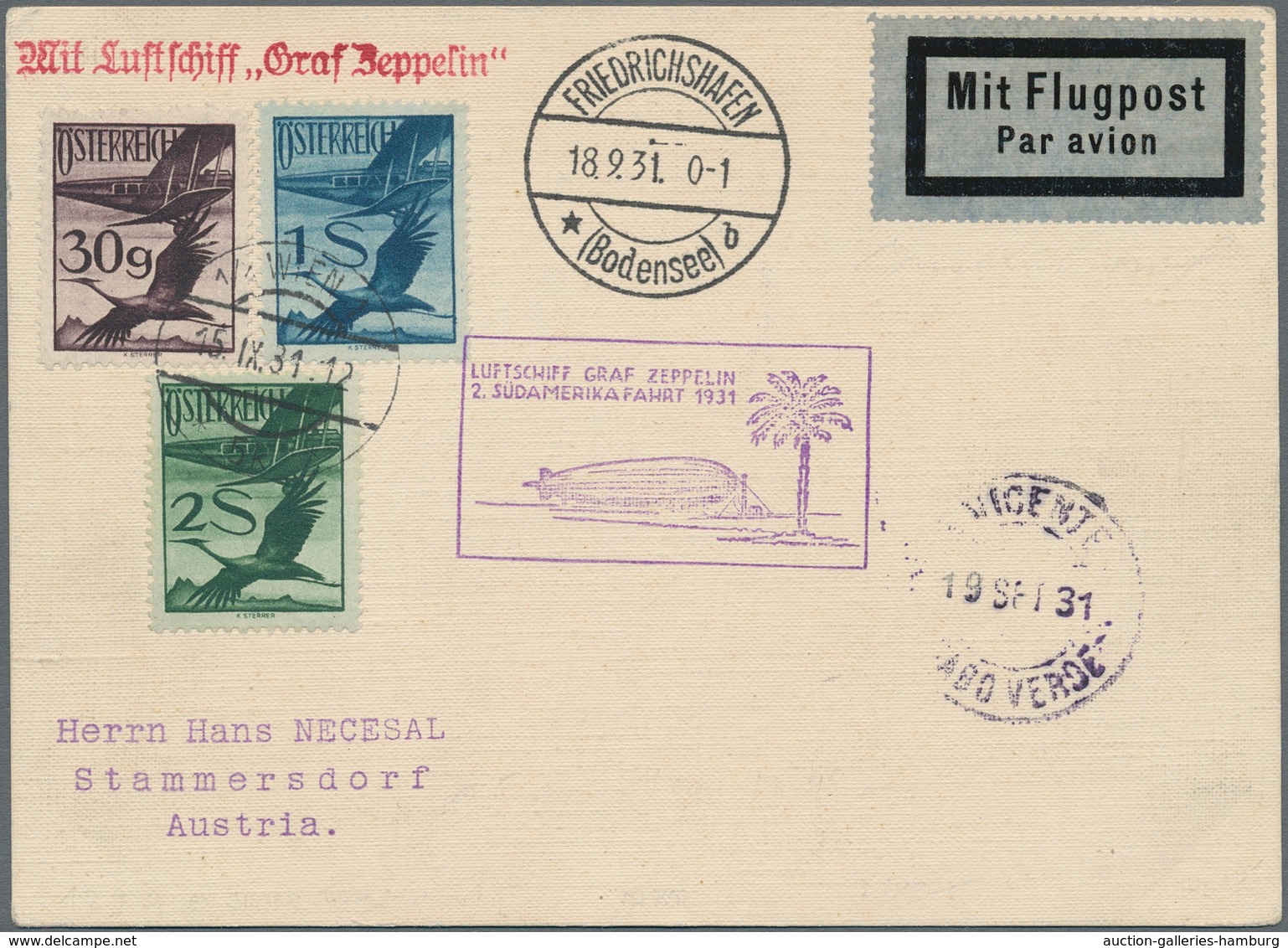 Zeppelinpost Europa: 1931, 2.Südamerikafahrt, Österreichische Post Bis S.Vincente/Kap Verde, Karte M - Autres - Europe