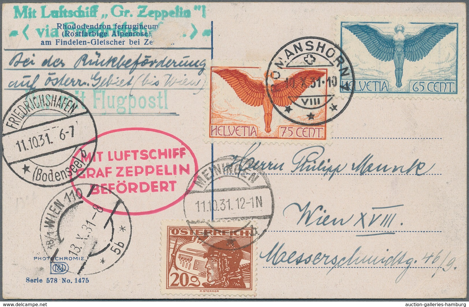 Zeppelinpost Europa: 1931, Fahrt Nach Meiningen, Doppelfrankatur Schweiz-Österreich, Karte Mit Flugp - Otros - Europa