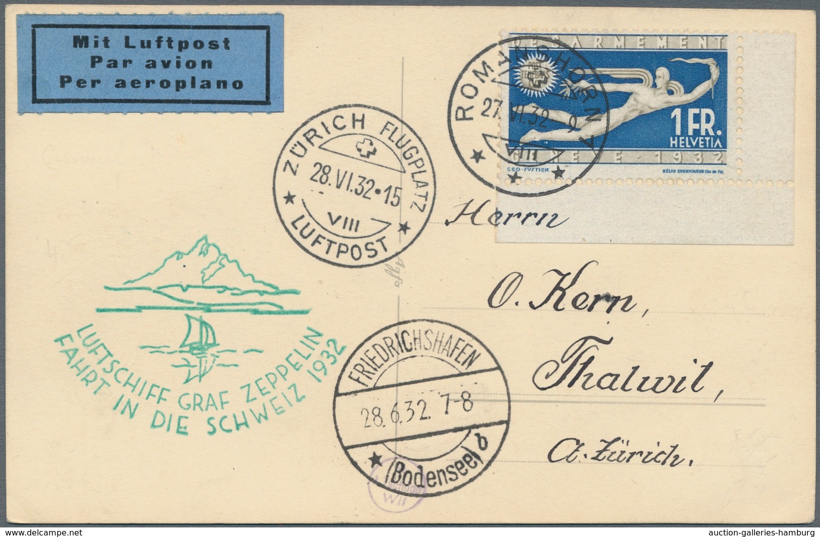 Zeppelinpost Europa: 1932, Air Ship GRAF ZEPPELIN, VOYAGE TO SWITZERLAND 1932, Picture Postcard From - Sonstige - Europa