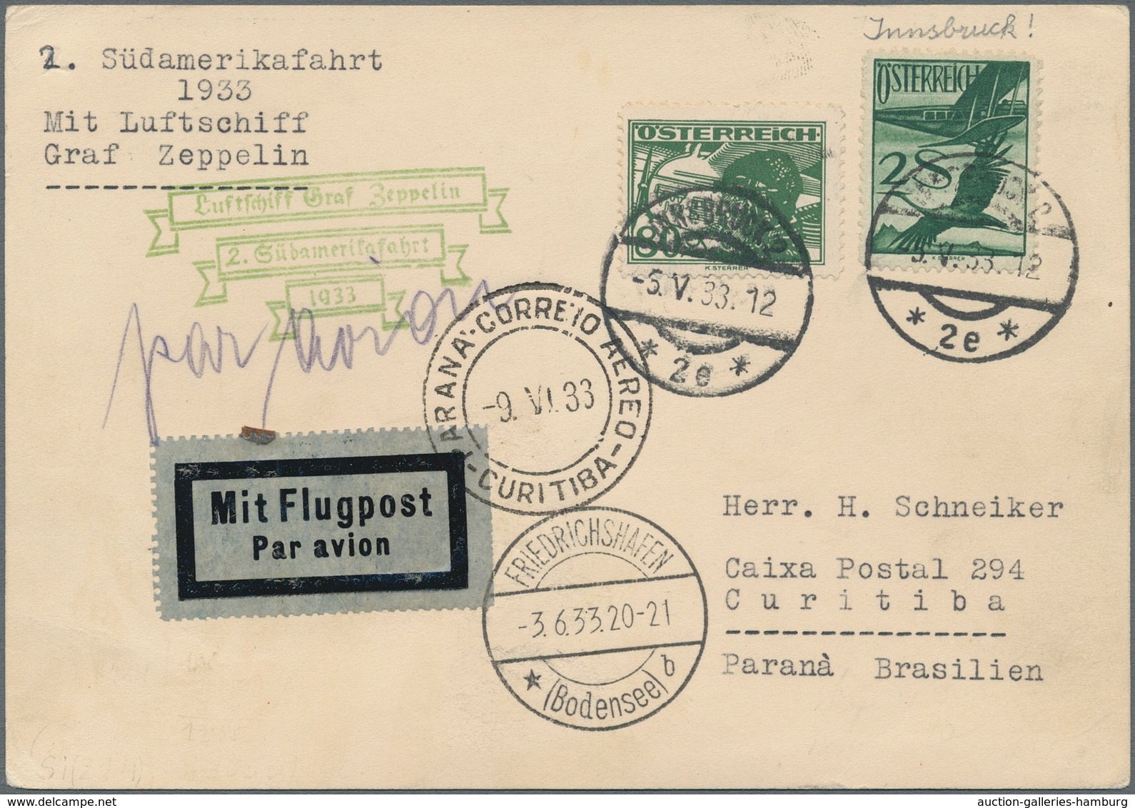 Zeppelinpost Europa: 1933, 2.Südamerikafahrt, Österreichische Post, Karte Mit Flugpost-Frankatur 80 - Otros - Europa