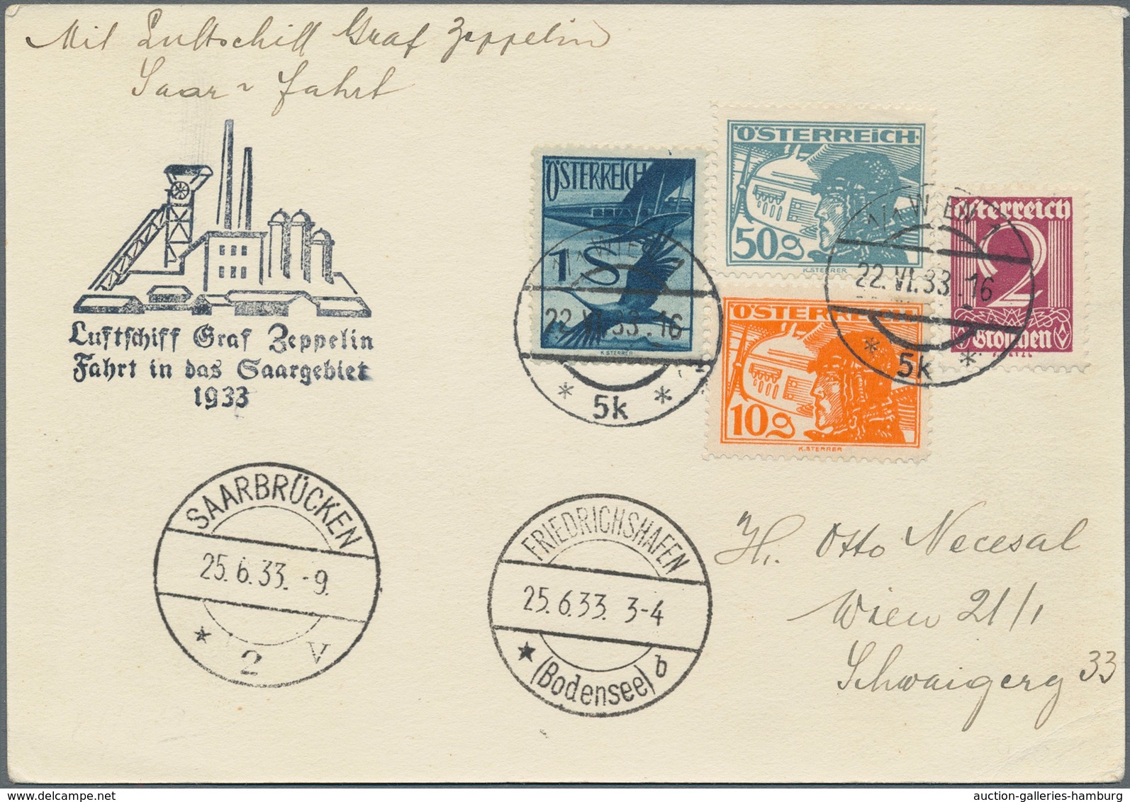 Zeppelinpost Europa: 1933, Saargebietsfahrt, Österreichische Post, Karte Mit Bunter Frankatur Ab "WI - Sonstige - Europa