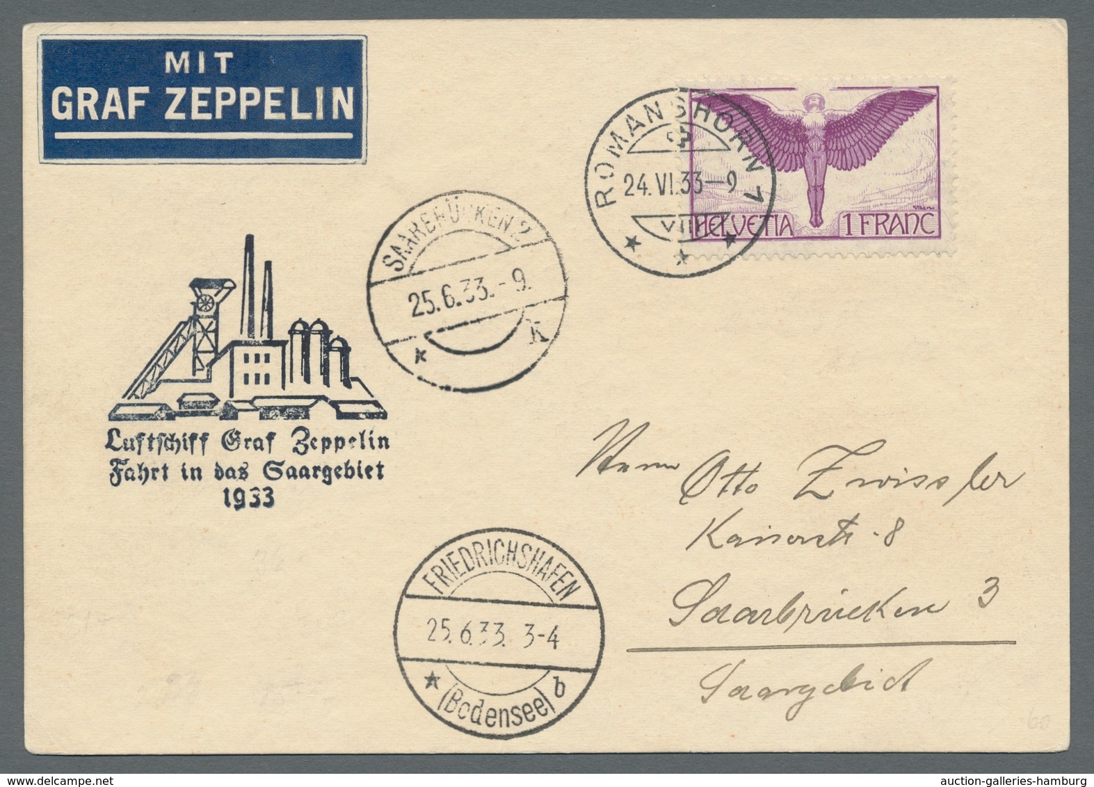 Zeppelinpost Europa: 1933 - Saargebietsfahrt, Zuleitung Schweiz Mit Auflieferung Friedrichshafen, Be - Sonstige - Europa