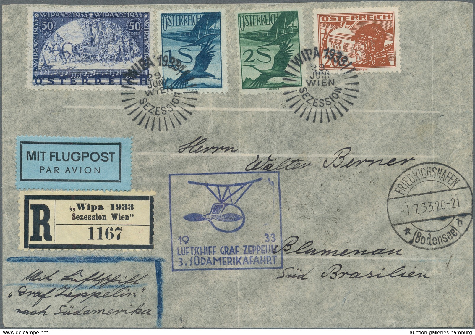 Zeppelinpost Europa: 1933, 3.Südamerikafahrt, Östereichische Post, R-Brief (Umschlag Etwas Unauffäll - Otros - Europa