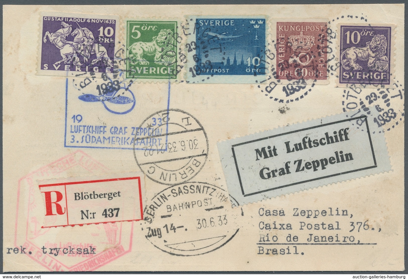 Zeppelinpost Europa: 1933, Graf Zeppelin Zuleitungspost Schweden Zur 3. Südamerikafahrt Eingeschrieb - Otros - Europa