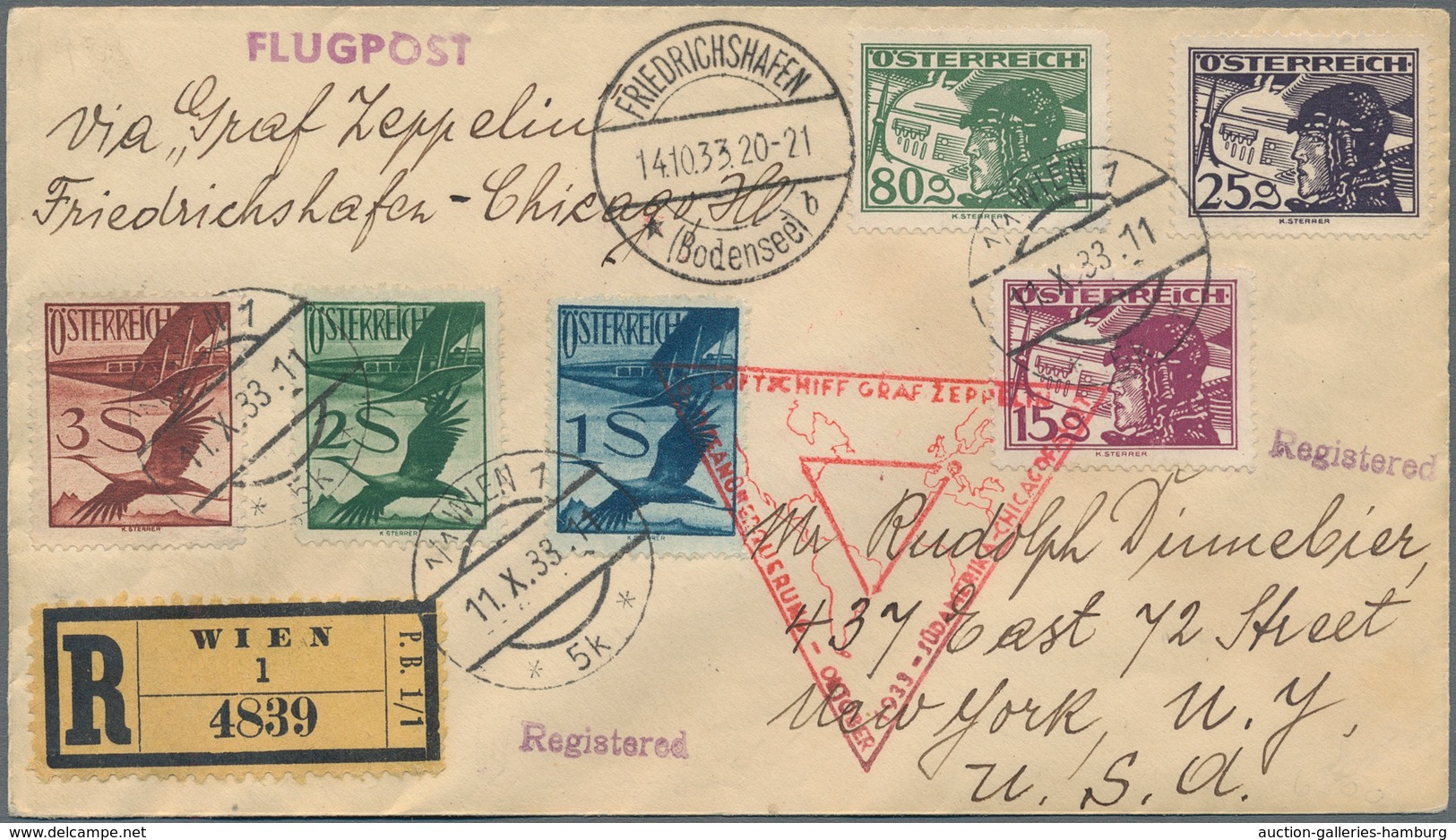 Zeppelinpost Europa: 1933, Chicagofahrt, Österreichische Post Bis Chicago, R-Brief Mit Bunter Flugpo - Sonstige - Europa