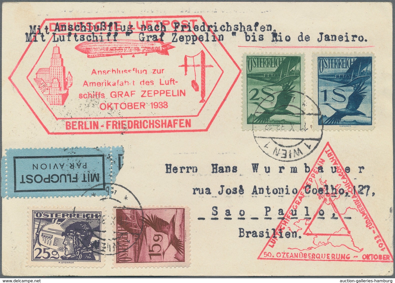 Zeppelinpost Europa: 1933, Chicagofahrt, Österreichische Post Mit Anschlußflug Ab Berlin, Karte Mit - Sonstige - Europa