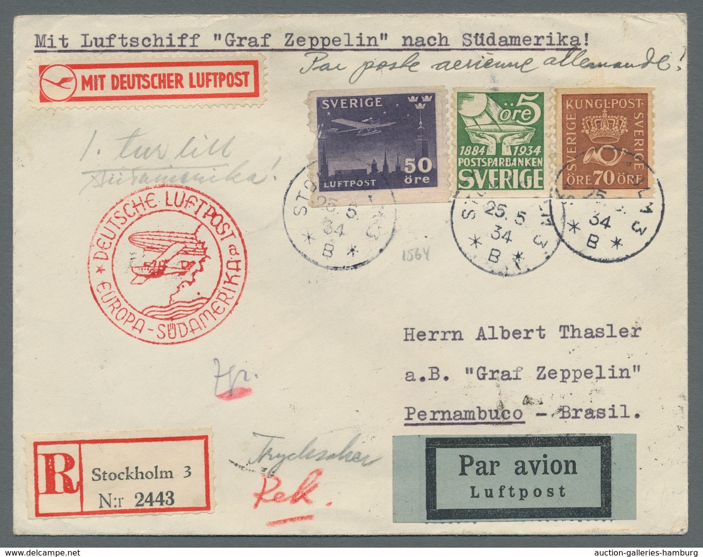 Zeppelinpost Europa: 1934 - 1. SAF, Zuleitung Schweden Auf R-Brief Zum Anschlussflug Berlin Mit Best - Autres - Europe