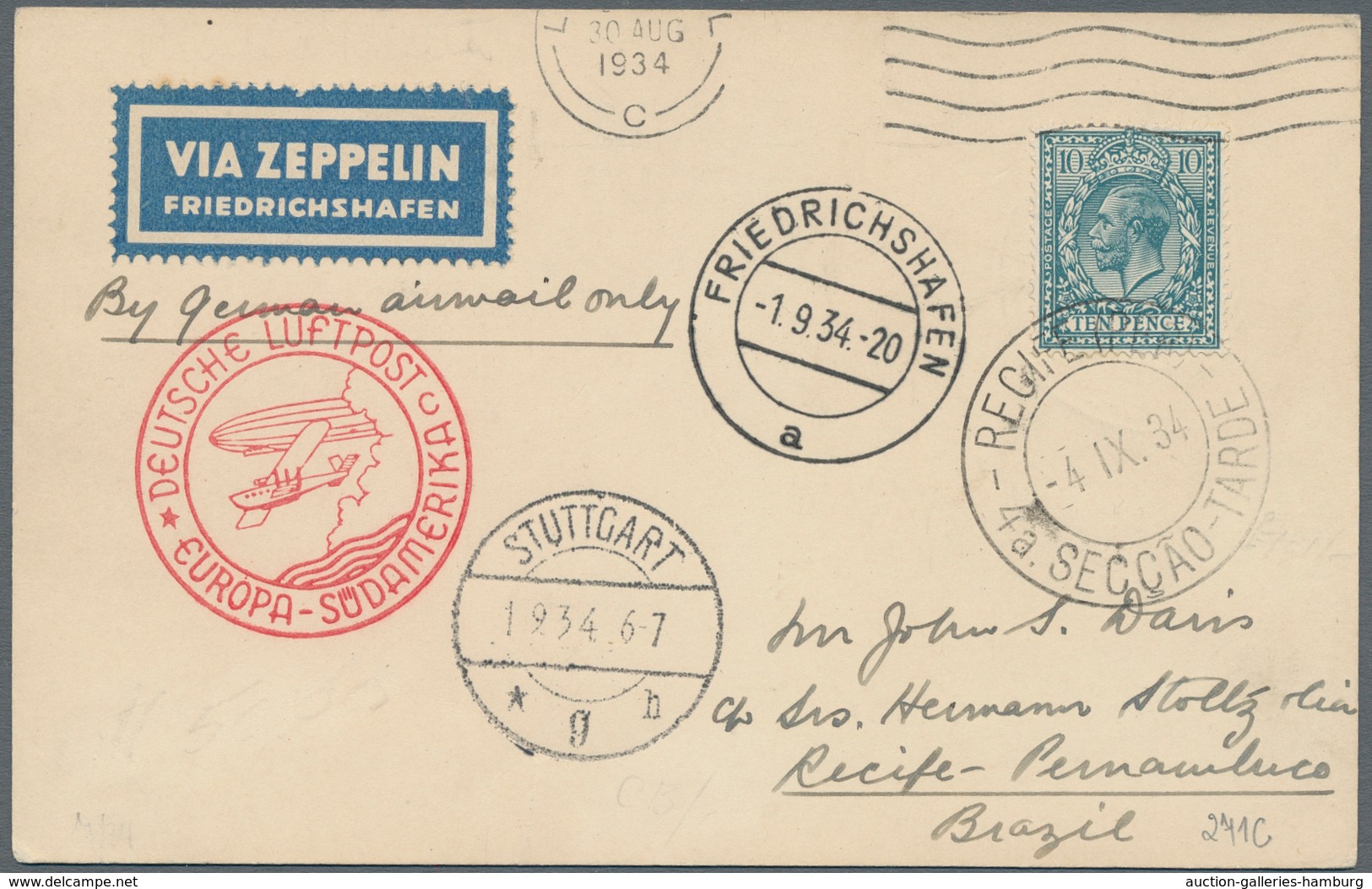 Zeppelinpost Europa: GREAT BRITAIN: 1934, 7th Zeppelin South America Flight With King George V 10 Pe - Autres - Europe