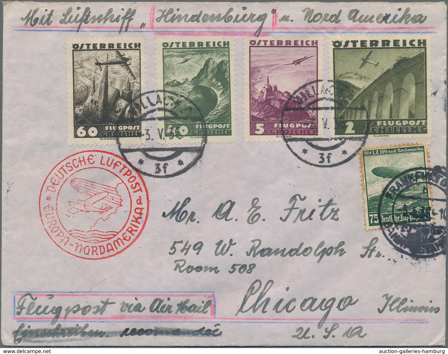 Zeppelinpost Europa: 1936, 1.Nordamerikafahrt, Österreichische Post, Brief Mit Bunter Flugpost-Frank - Sonstige - Europa