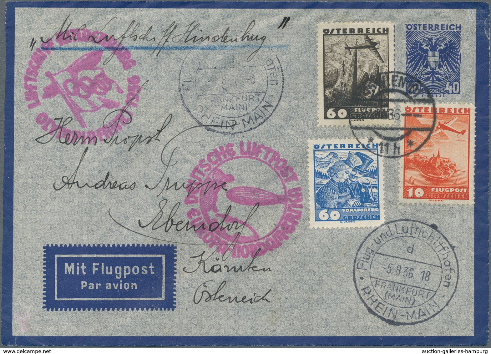 Zeppelinpost Europa: 1936, Olympiafahrt/6.Nordamerikafahrt, Österreichische Post, Auffrankierter Luf - Otros - Europa