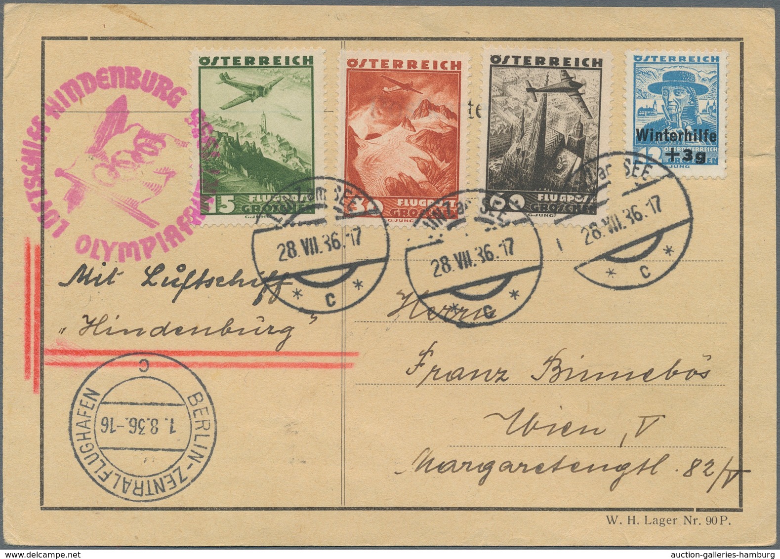 Zeppelinpost Europa: 1936, Olympiafahrt, Österreichische Post, Karte (minime Knitterspuren) Mit Bunt - Andere-Europa