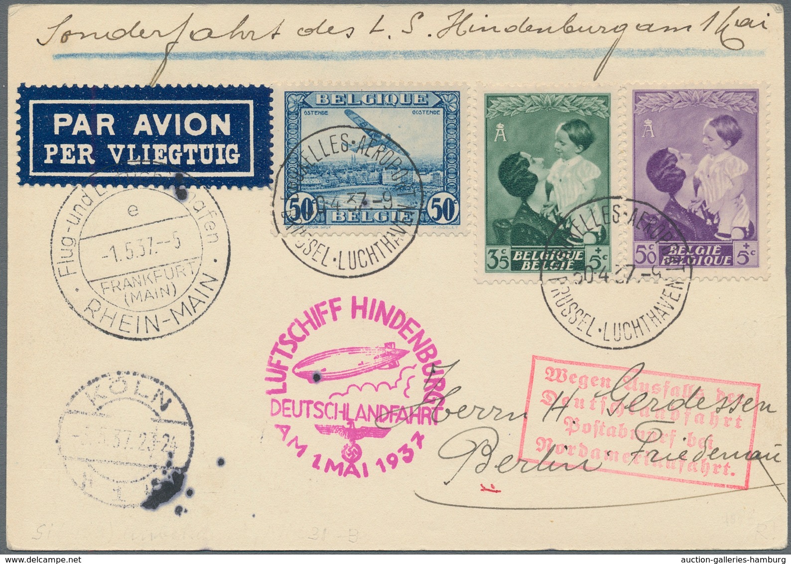 Zeppelinpost Europa: 1937, Attempted Germany Trip, Belgian Mail, Printed Matter Card Bearing 1.35fr. - Otros - Europa