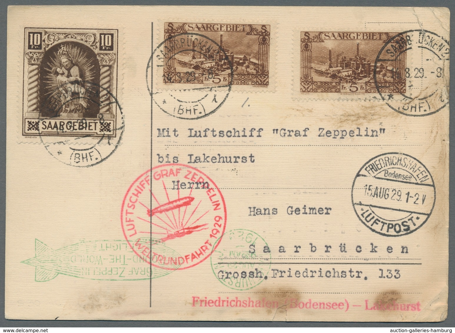 Zeppelinpost Deutschland: 1929 - Weltrundfahrt/Etappe F.-hafen-Lakehurst, Zuleitung Saar Auf Karte M - Airmail & Zeppelin