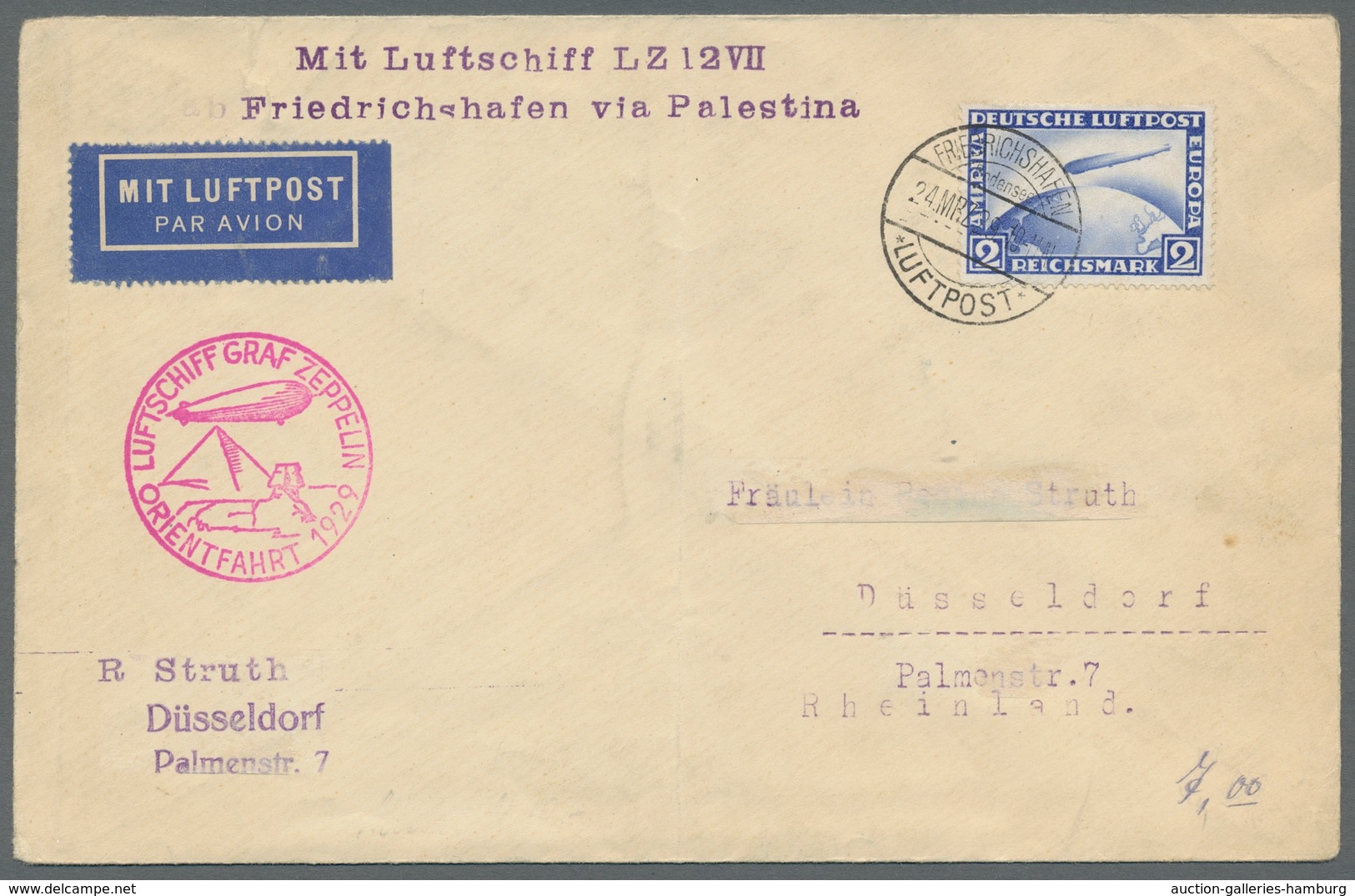 Zeppelinpost Deutschland: 1929, 2 Belege Jeweils Mit 2 Mark Zeppelin (Mi.Nr.423) Als Einzelfrankatur - Airmail & Zeppelin